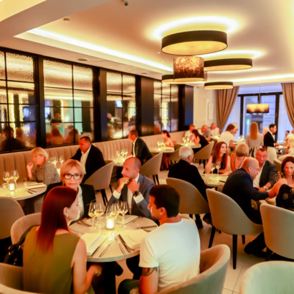 Eleganckie wydarzenie w restauracji NAXSOL ENTERPRISES LTD z gośćmi przy stołach i pokerowym klimatem